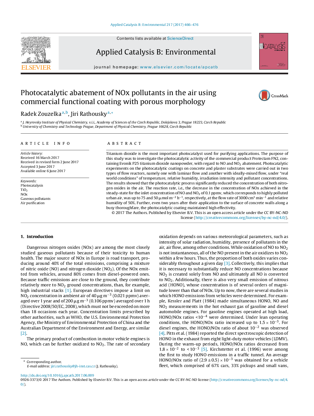 Photocatalytic abatement of NOx pollutants in the air using commercial functional coating with porous morphology