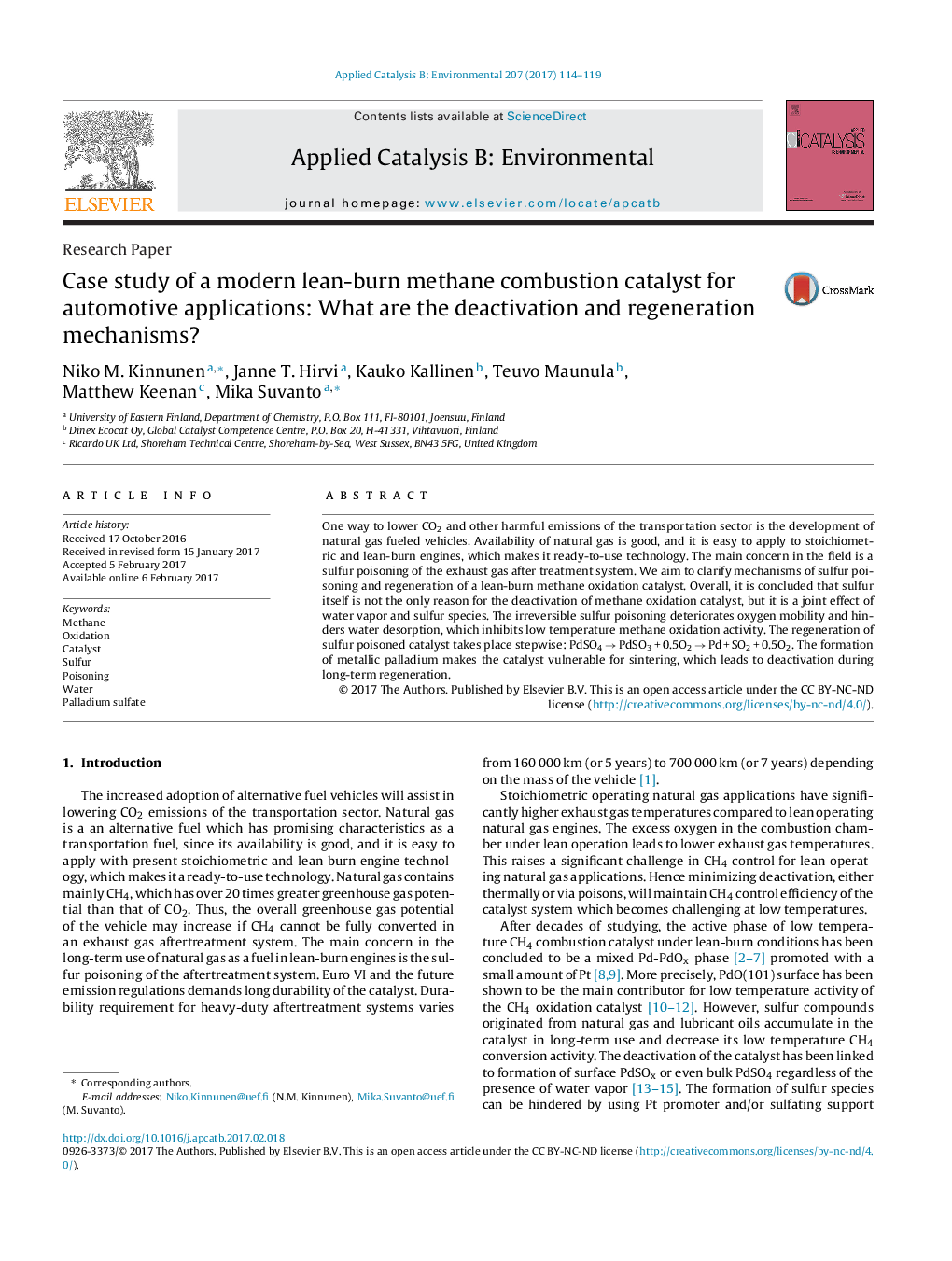 Research PaperCase study of a modern lean-burn methane combustion catalyst for automotive applications: What are the deactivation and regeneration mechanisms?