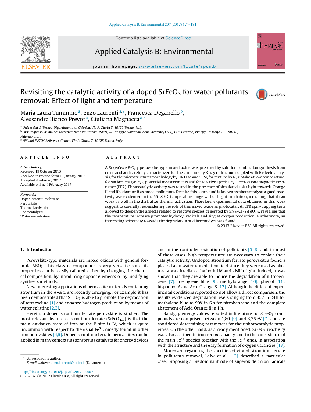 Revisiting the catalytic activity of a doped SrFeO3 for water pollutants removal: Effect of light and temperature