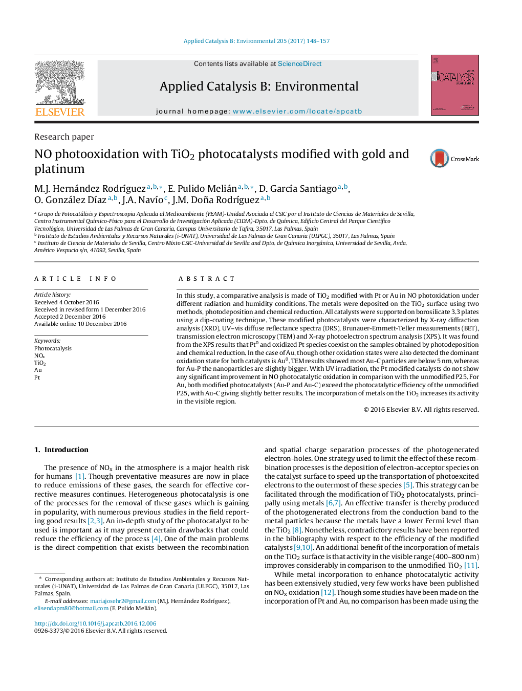 عکس صفحه اول مقاله: Research paperNO photooxidation with TiO2 photocatalysts modified with gold and platinum Research paperNO photooxidation with TiO2 photocatalysts modified with gold and platinum