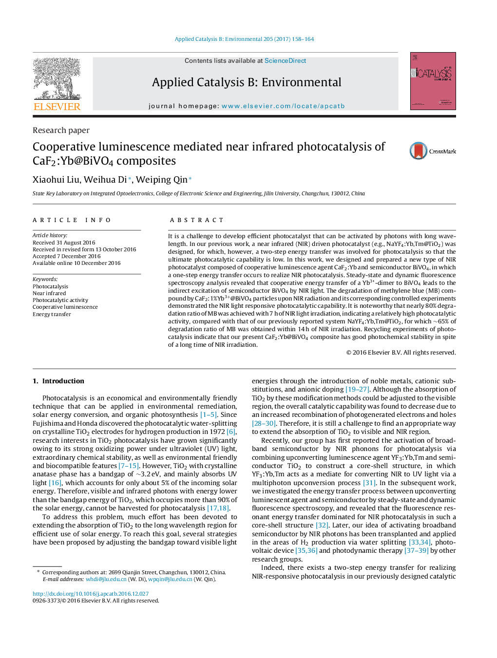 Research paperCooperative luminescence mediated near infrared photocatalysis of CaF2:Yb@BiVO4 composites