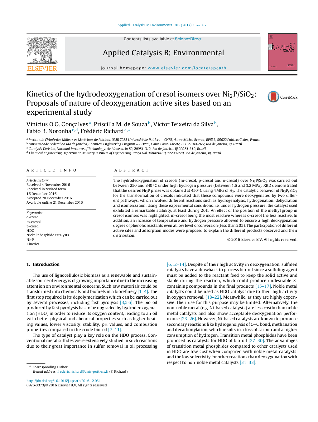 Kinetics of the hydrodeoxygenation of cresol isomers over Ni2P/SiO2: Proposals of nature of deoxygenation active sites based on an experimental study