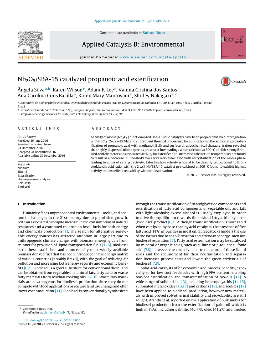 Nb2O5/SBA-15 catalyzed propanoic acid esterification