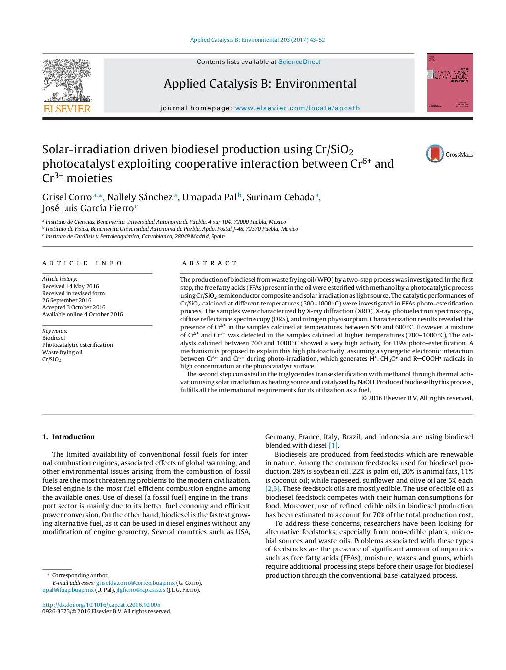 عکس صفحه اول مقاله: Solar-irradiation driven biodiesel production using Cr/SiO2 photocatalyst exploiting cooperative interaction between Cr6+ and Cr3+ moieties Solar-irradiation driven biodiesel production using Cr/SiO2 photocatalyst exploiting cooperative interaction between Cr6+ and Cr3+ moieties