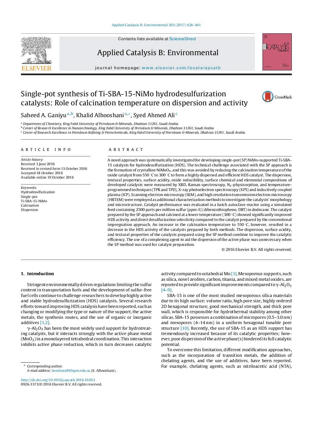 عکس صفحه اول مقاله: Single-pot synthesis of Ti-SBA-15-NiMo hydrodesulfurization catalysts: Role of calcination temperature on dispersion and activity Single-pot synthesis of Ti-SBA-15-NiMo hydrodesulfurization catalysts: Role of calcination temperature on dispersion and activity
