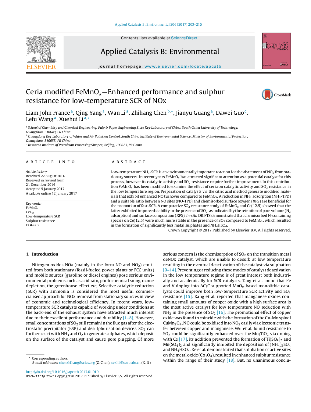 Ceria modified FeMnOx-Enhanced performance and sulphur resistance for low-temperature SCR of NOx