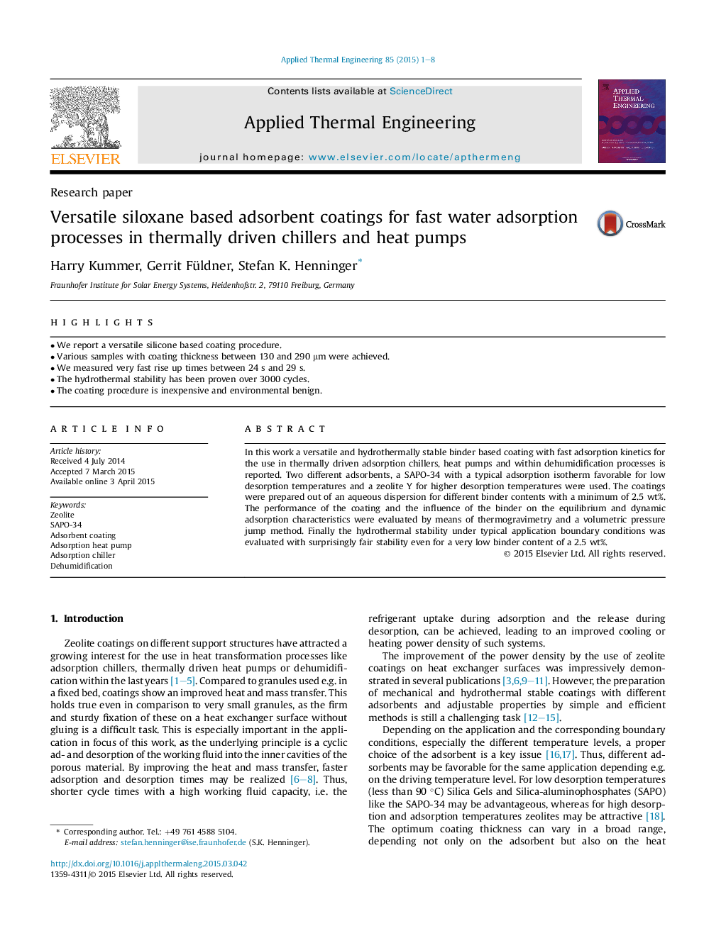 Versatile siloxane based adsorbent coatings for fast water adsorption processes in thermally driven chillers and heat pumps