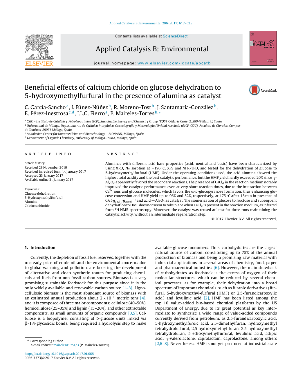 Beneficial effects of calcium chloride on glucose dehydration to 5-hydroxymethylfurfural in the presence of alumina as catalyst