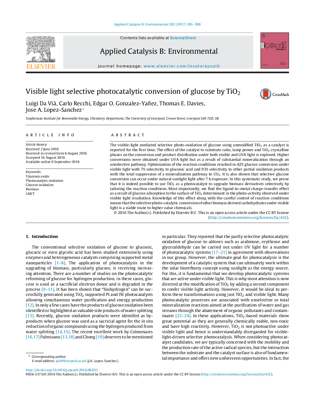 Visible light selective photocatalytic conversion of glucose by TiO2