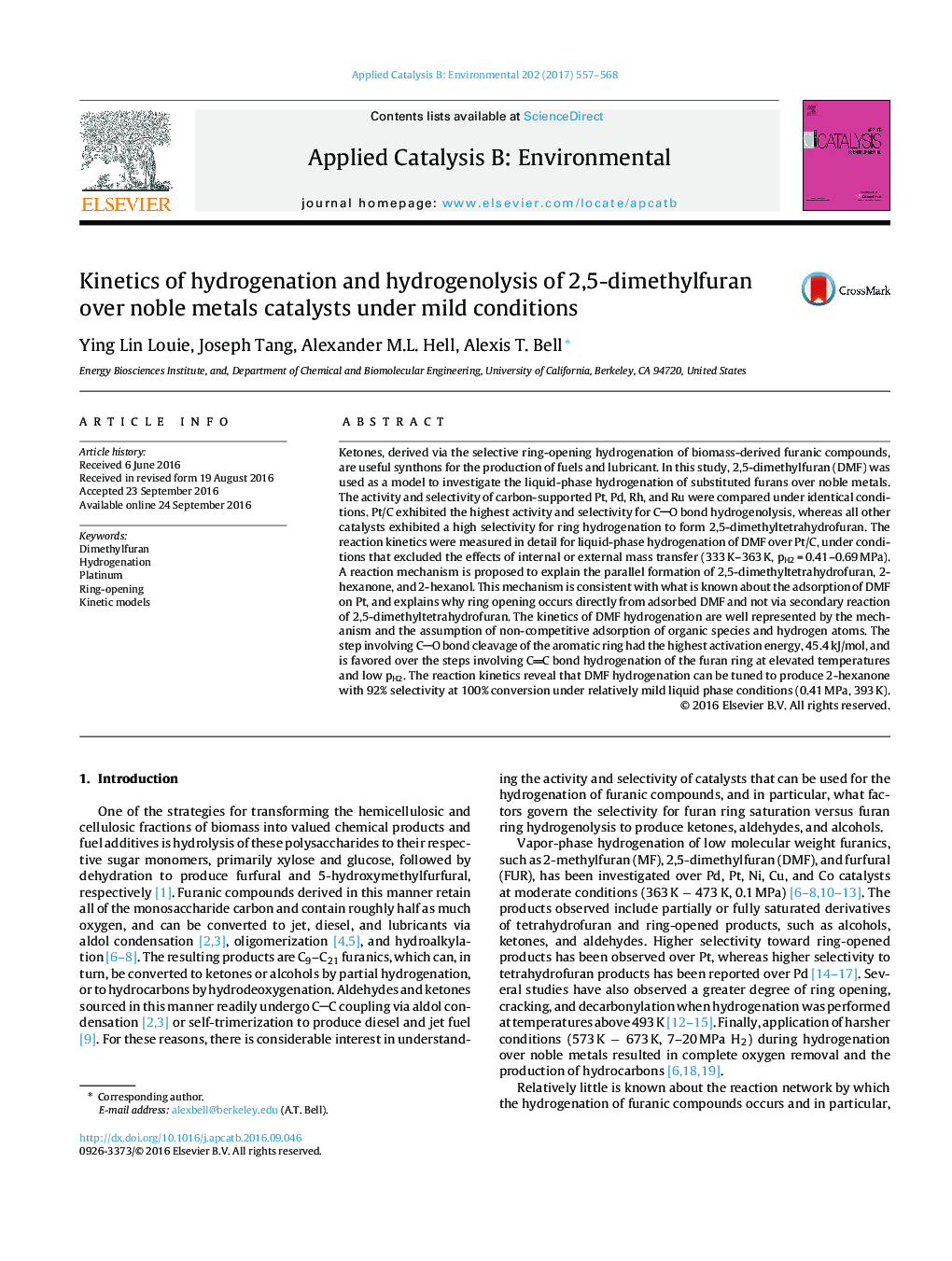 Kinetics of hydrogenation and hydrogenolysis of 2,5-dimethylfuran over noble metals catalysts under mild conditions