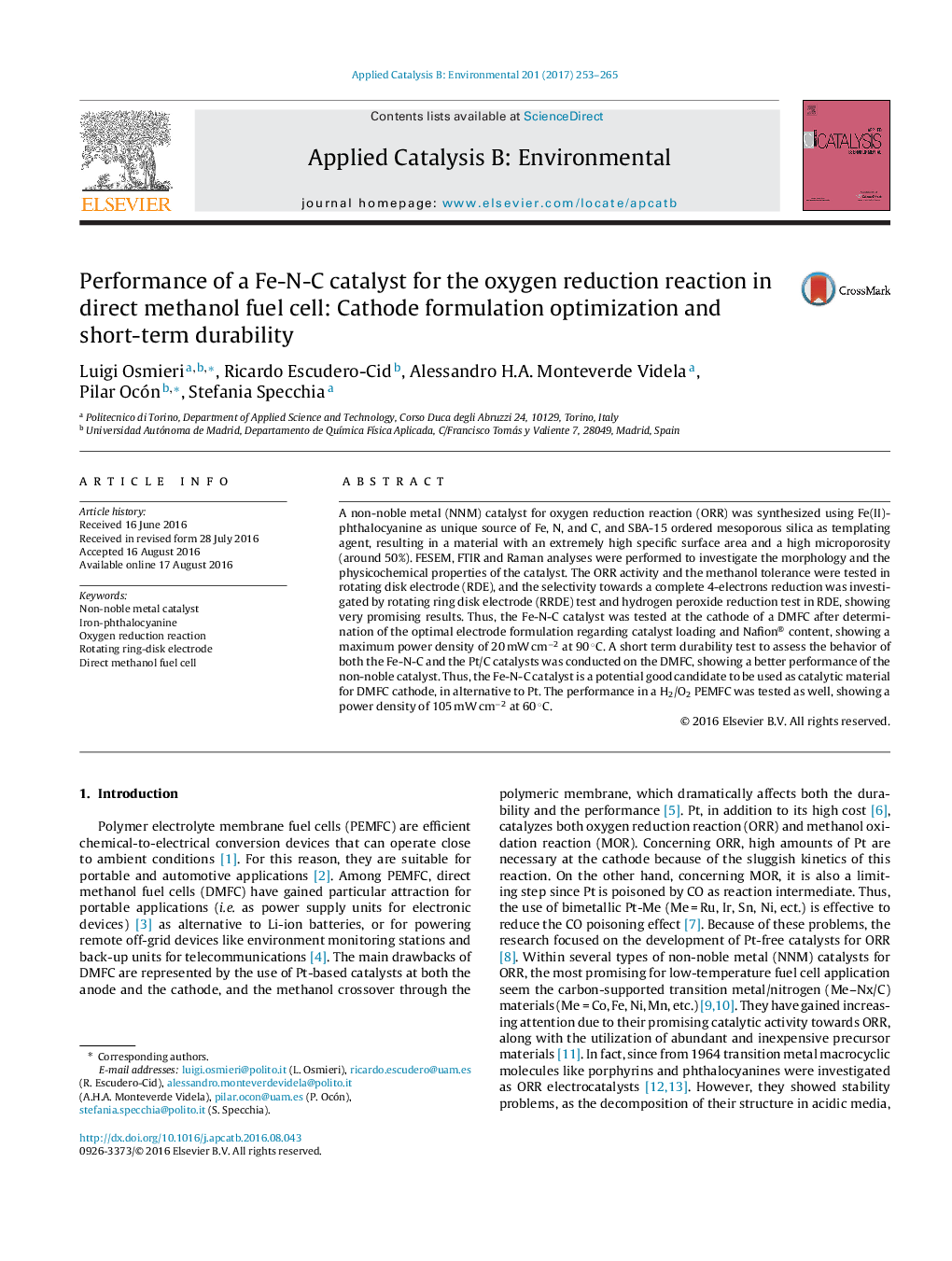 عکس صفحه اول مقاله: Performance of a Fe-N-C catalyst for the oxygen reduction reaction in direct methanol fuel cell: Cathode formulation optimization and short-term durability Performance of a Fe-N-C catalyst for the oxygen reduction reaction in direct methanol fuel cell: Cathode formulation optimization and short-term durability