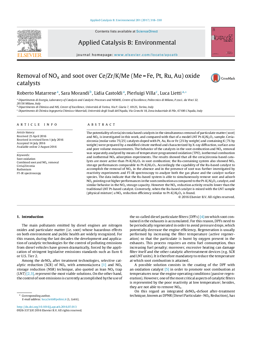 Removal of NOx and soot over Ce/Zr/K/Me (MeÂ =Â Fe, Pt, Ru, Au) oxide catalysts