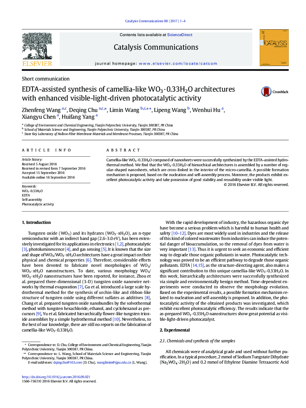 Short communicationEDTA-assisted synthesis of camellia-like WO3Â·0.33H2O architectures with enhanced visible-light-driven photocatalytic activity