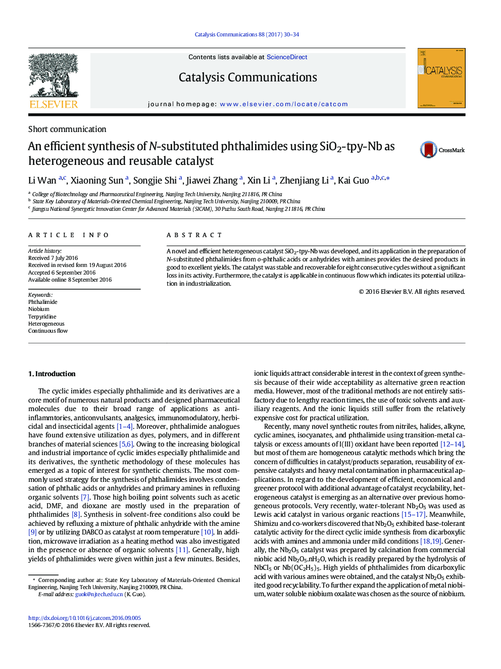 Short communicationAn efficient synthesis of N-substituted phthalimides using SiO2-tpy-Nb as heterogeneous and reusable catalyst