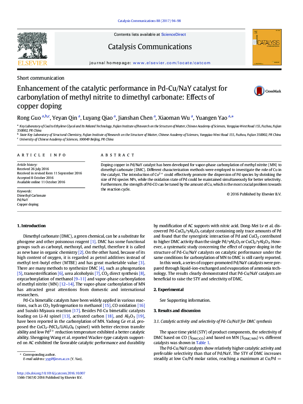 Short communicationEnhancement of the catalytic performance in Pd-Cu/NaY catalyst for carbonylation of methyl nitrite to dimethyl carbonate: Effects of copper doping