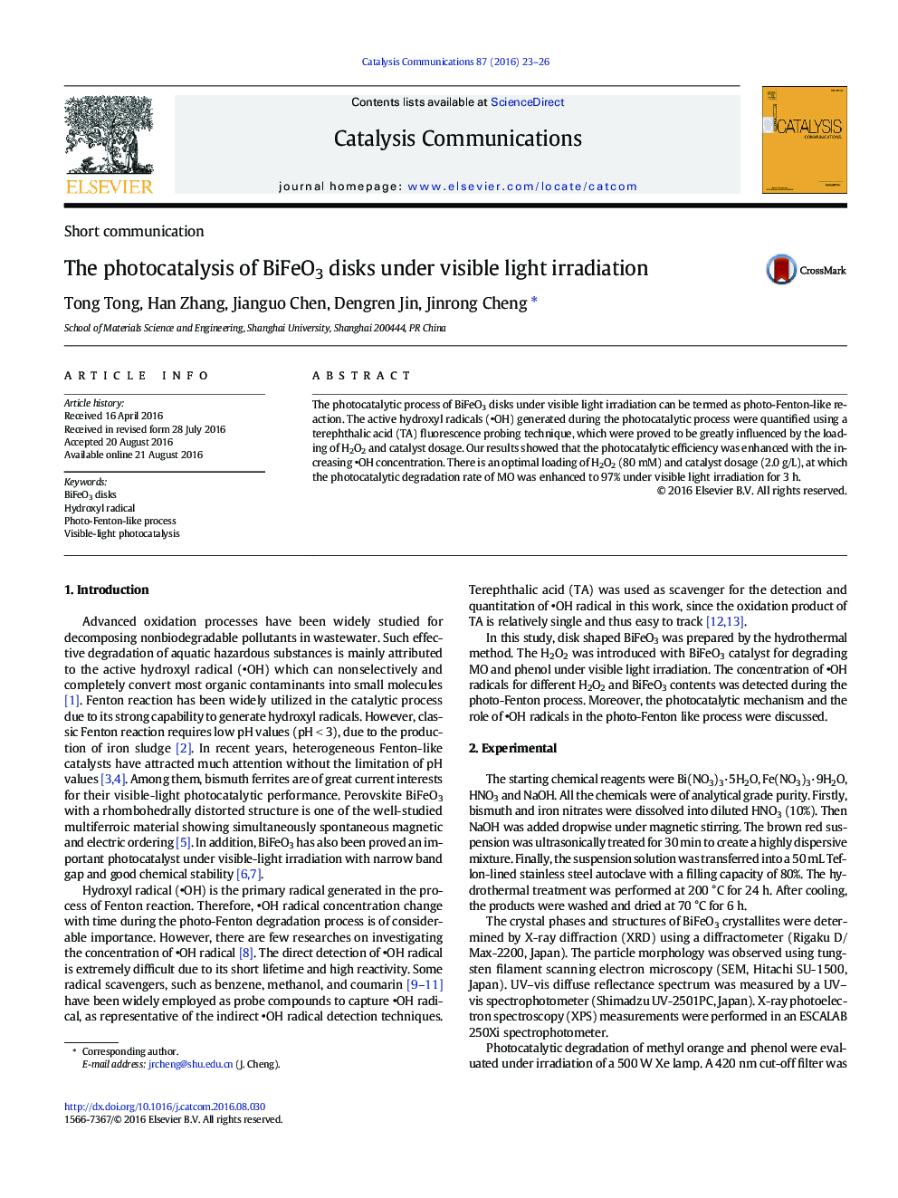 Short communicationThe photocatalysis of BiFeO3 disks under visible light irradiation