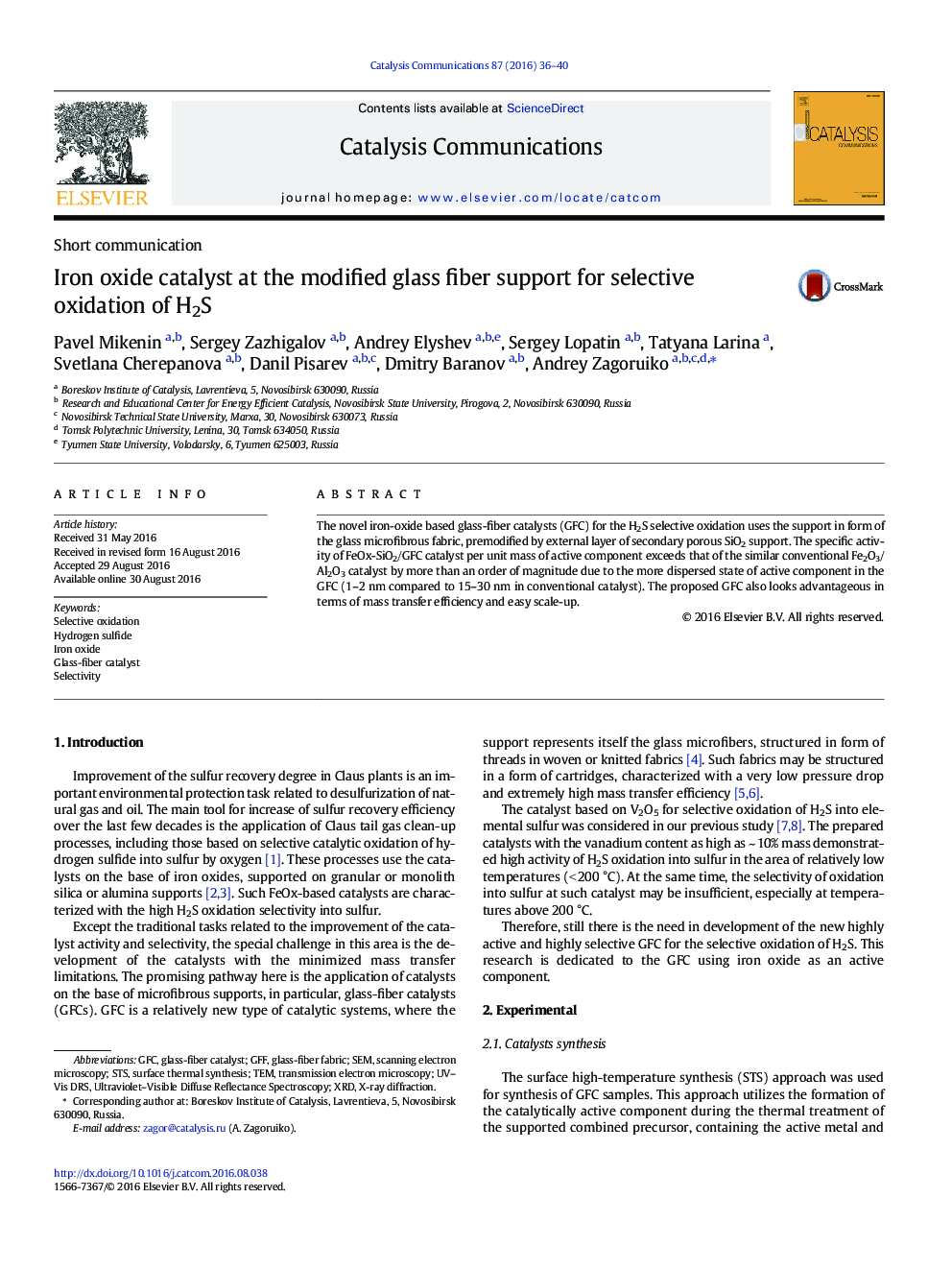 Short communicationIron oxide catalyst at the modified glass fiber support for selective oxidation of H2S