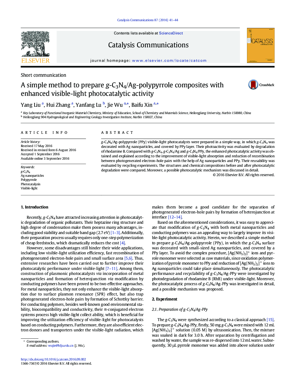 Short communicationA simple method to prepare g-C3N4/Ag-polypyrrole composites with enhanced visible-light photocatalytic activity