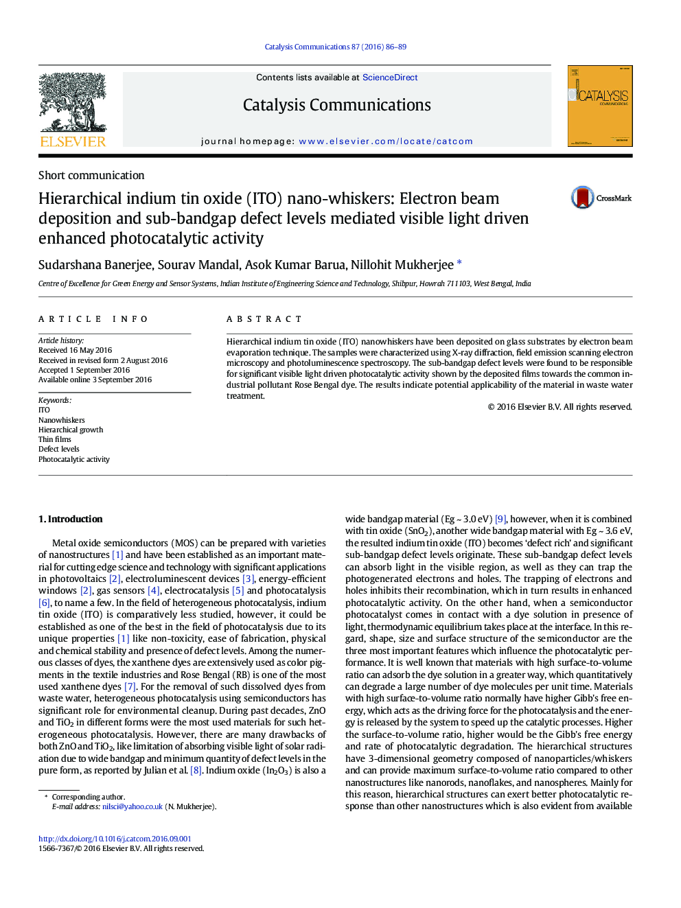 Short communicationHierarchical indium tin oxide (ITO) nano-whiskers: Electron beam deposition and sub-bandgap defect levels mediated visible light driven enhanced photocatalytic activity