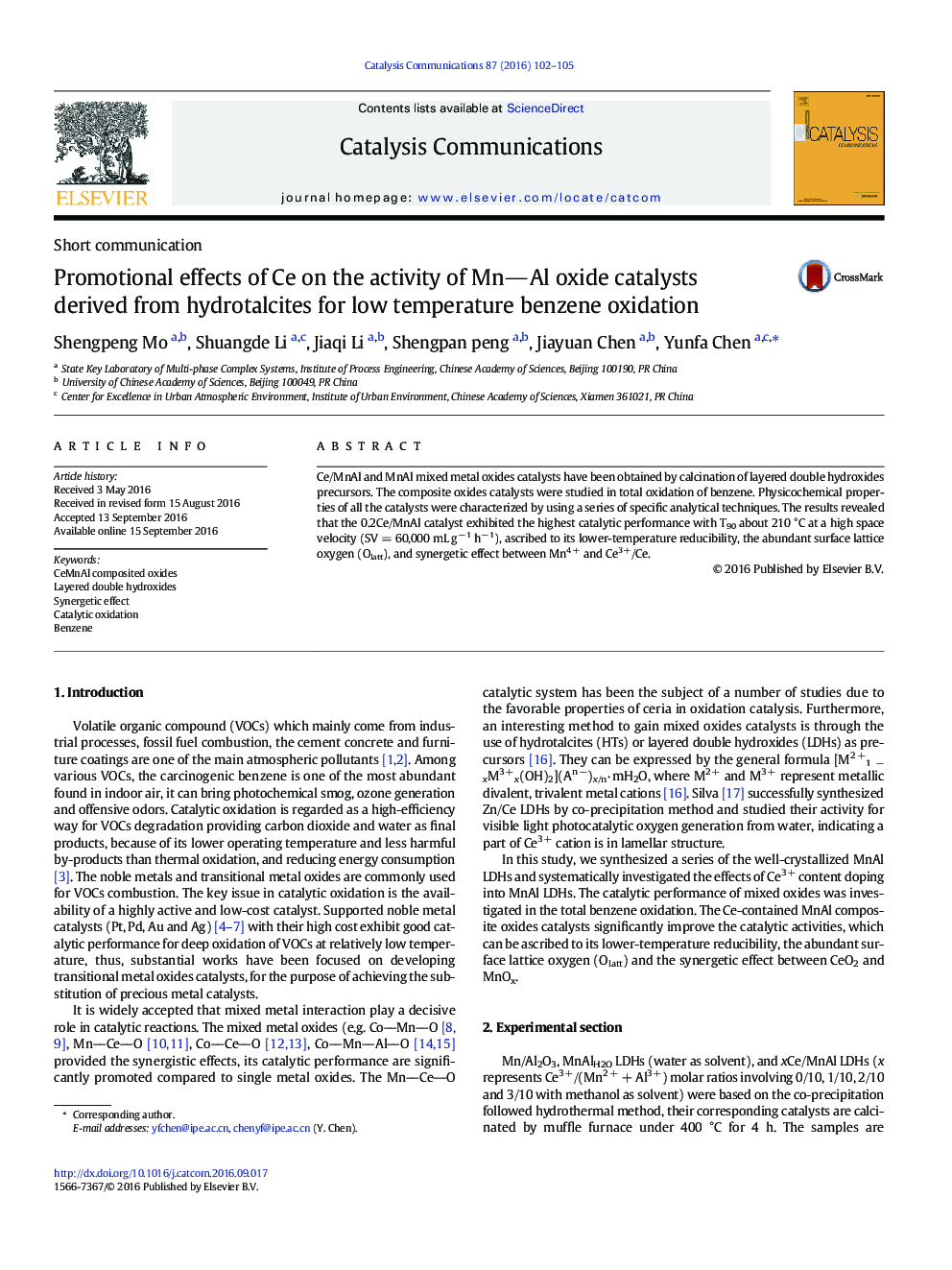 Short communicationPromotional effects of Ce on the activity of MnAl oxide catalysts derived from hydrotalcites for low temperature benzene oxidation