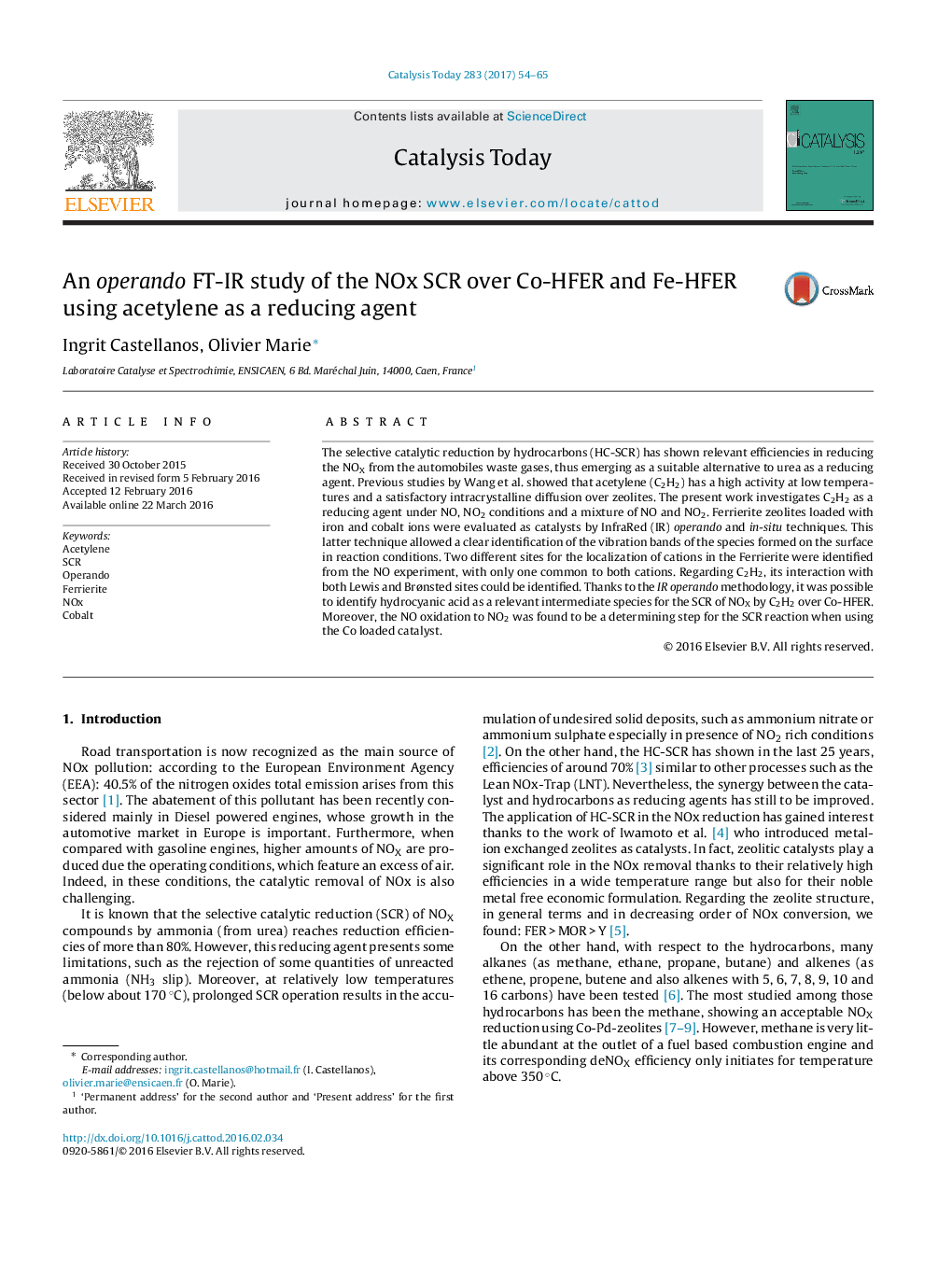 An operando FT-IR study of the NOx SCR over Co-HFER and Fe-HFER using acetylene as a reducing agent