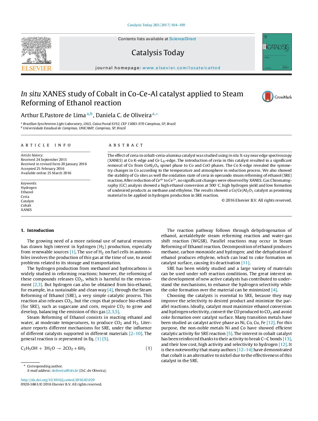 In situ XANES study of Cobalt in Co-Ce-Al catalyst applied to Steam Reforming of Ethanol reaction