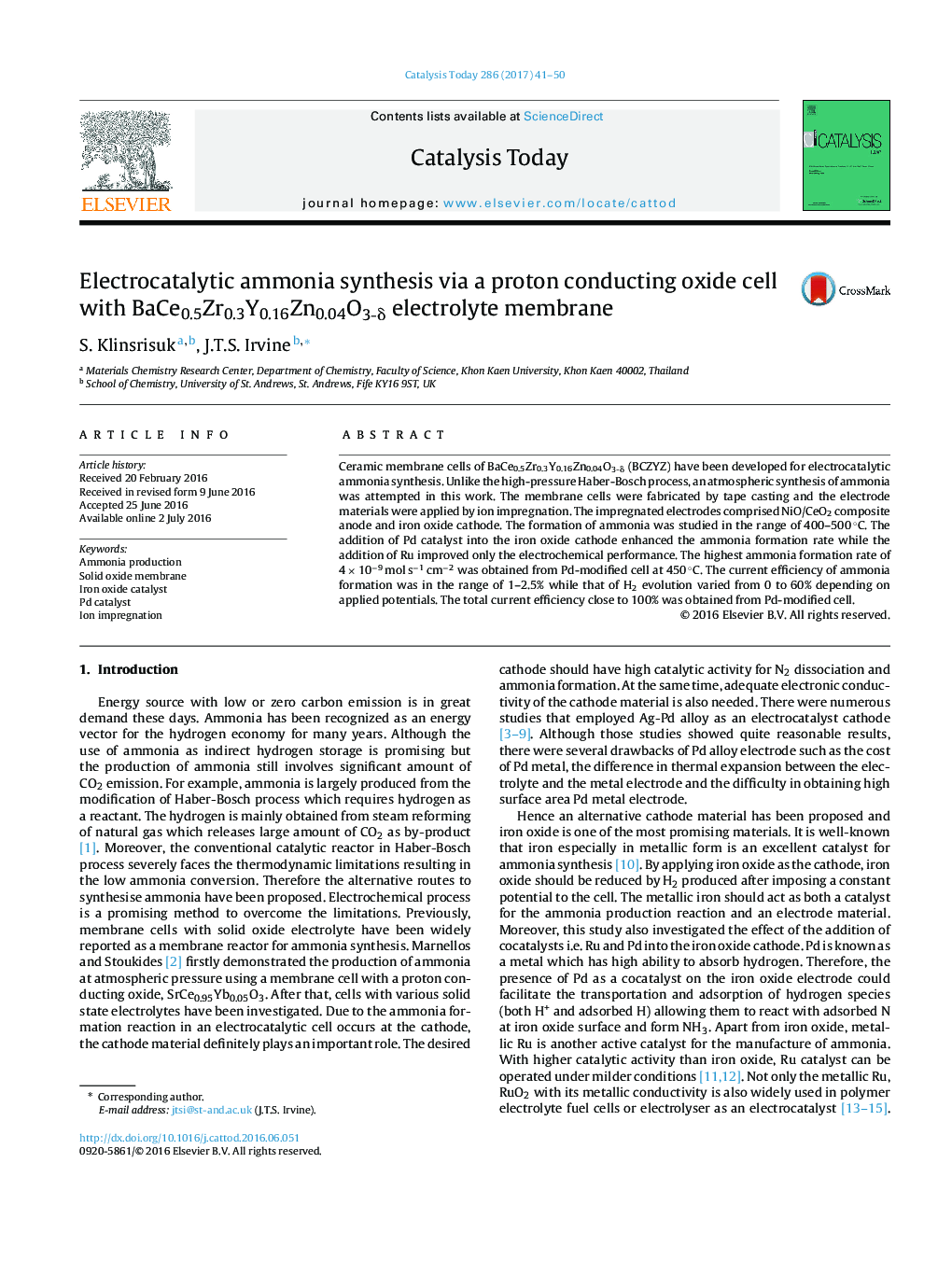 Electrocatalytic ammonia synthesis via a proton conducting oxide cell with BaCe0.5Zr0.3Y0.16Zn0.04O3-Î´ electrolyte membrane