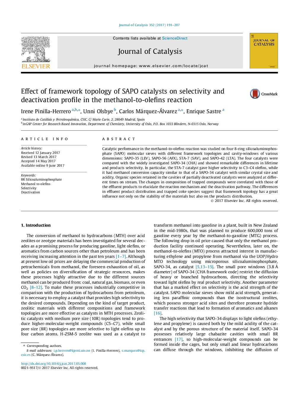 Effect of framework topology of SAPO catalysts on selectivity and deactivation profile in the methanol-to-olefins reaction