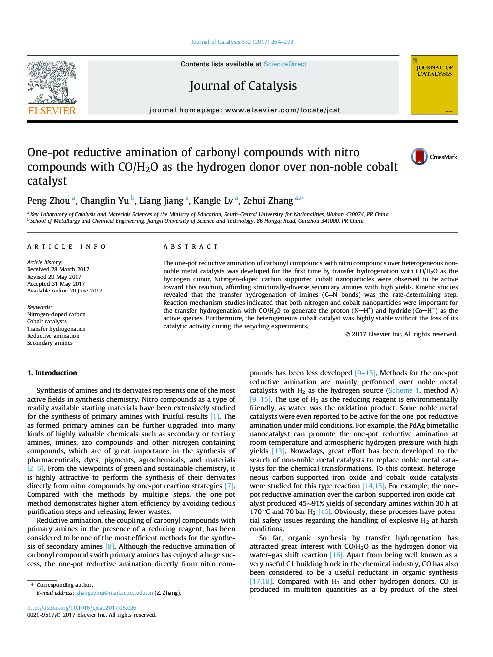 One-pot reductive amination of carbonyl compounds with nitro compounds with CO/H2O as the hydrogen donor over non-noble cobalt catalyst