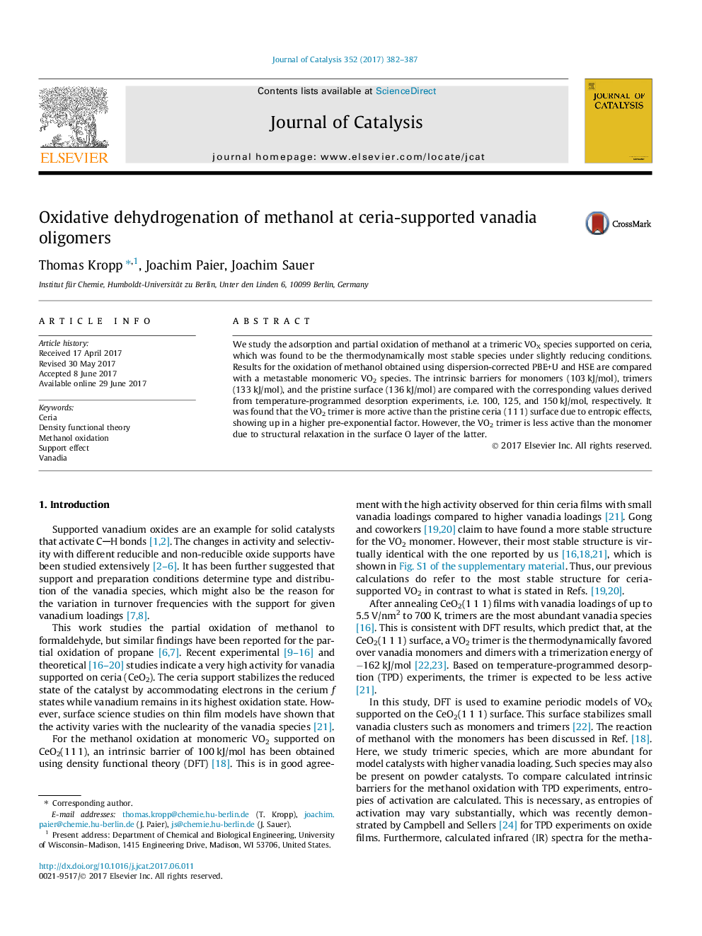 Oxidative dehydrogenation of methanol at ceria-supported vanadia oligomers