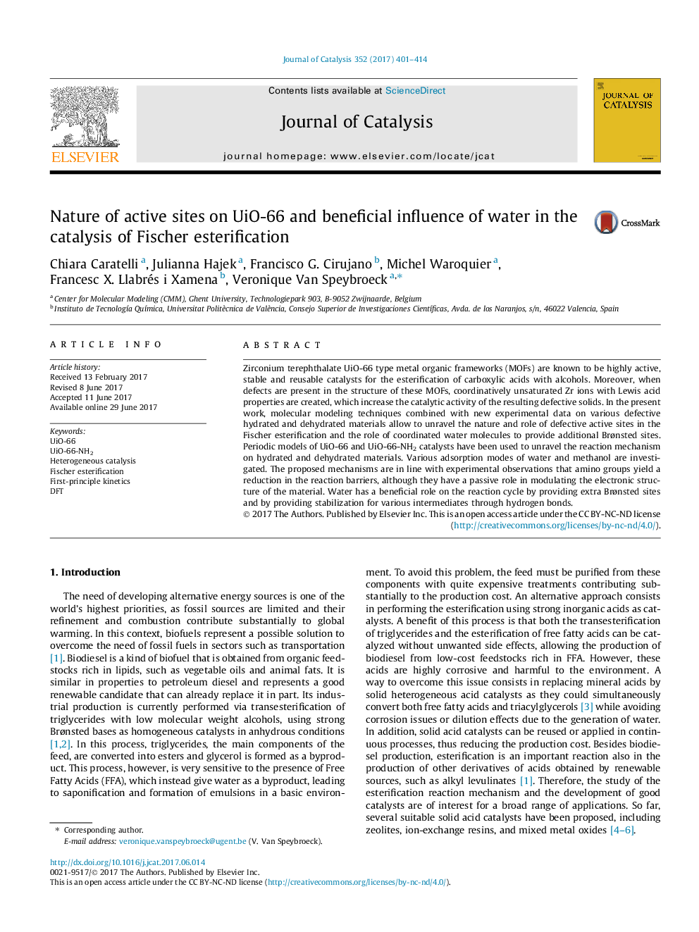 Nature of active sites on UiO-66 and beneficial influence of water in the catalysis of Fischer esterification