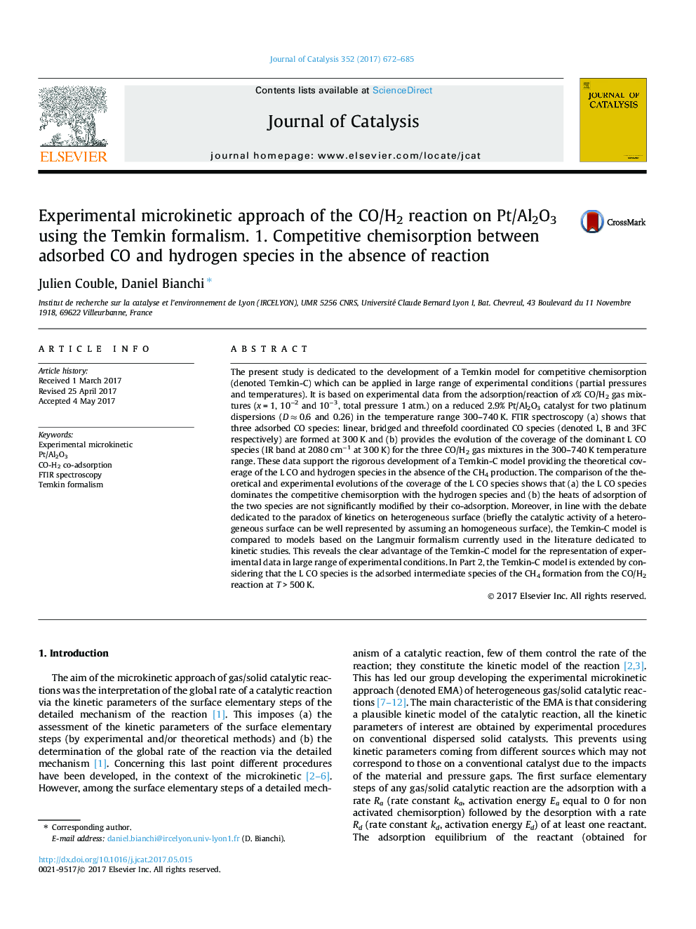 Experimental microkinetic approach of the CO/H2 reaction on Pt/Al2O3 using the Temkin formalism. 1. Competitive chemisorption between adsorbed CO and hydrogen species in the absence of reaction