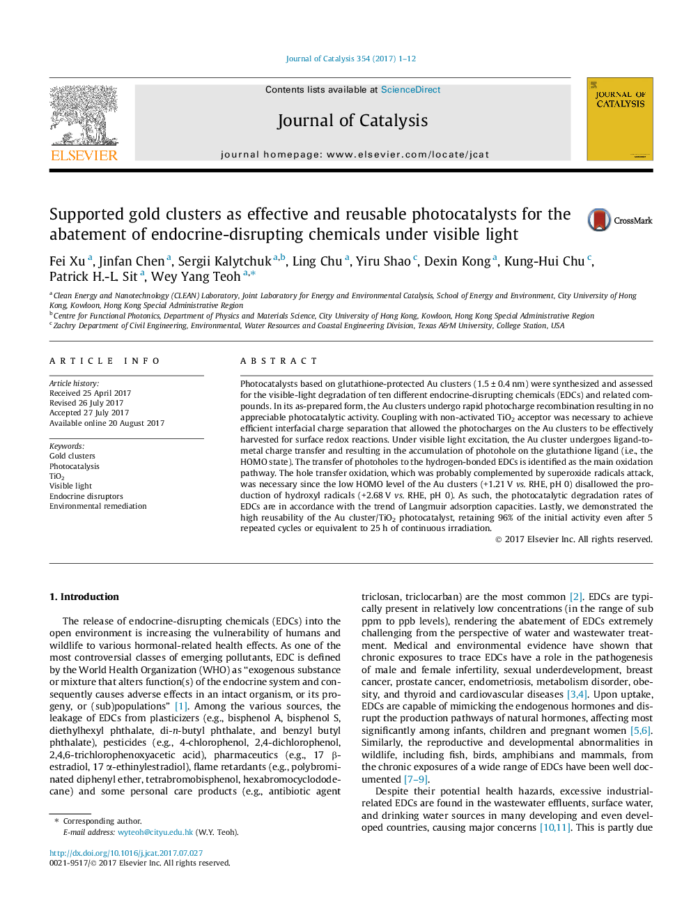 Supported gold clusters as effective and reusable photocatalysts for the abatement of endocrine-disrupting chemicals under visible light