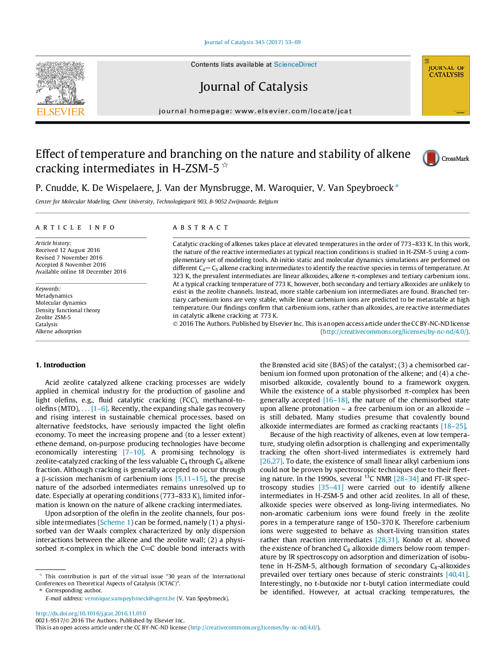 Effect of temperature and branching on the nature and stability of alkene cracking intermediates in H-ZSM-5