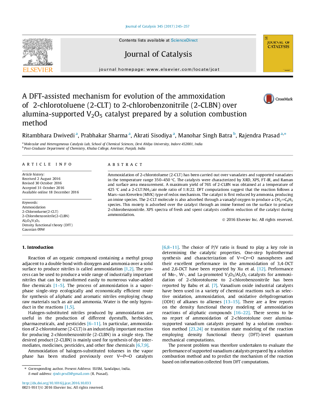 A DFT-assisted mechanism for evolution of the ammoxidation of 2-chlorotoluene (2-CLT) to 2-chlorobenzonitrile (2-CLBN) over alumina-supported V2O5 catalyst prepared by a solution combustion method