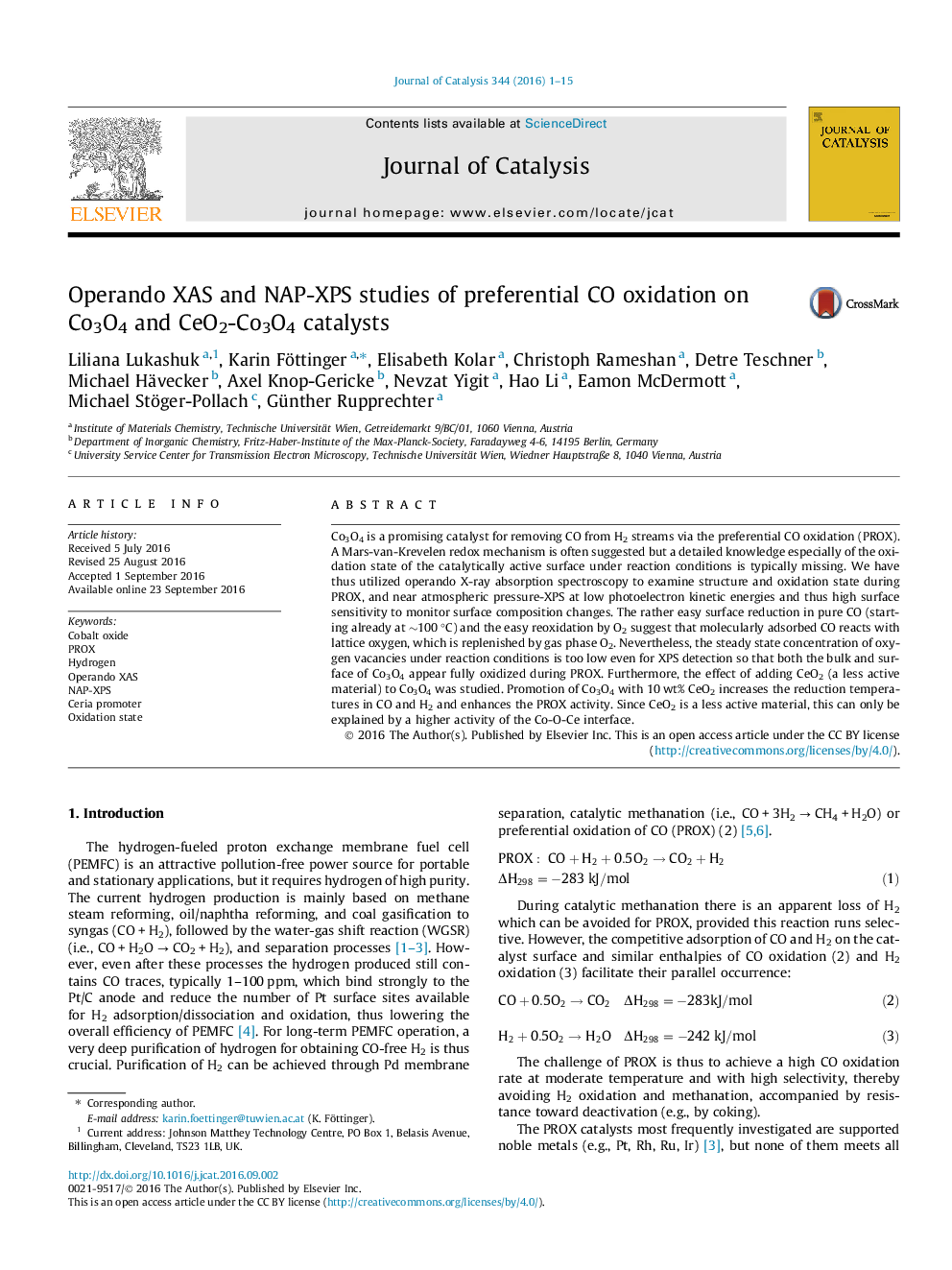 Operando XAS and NAP-XPS studies of preferential CO oxidation on Co3O4 and CeO2-Co3O4 catalysts