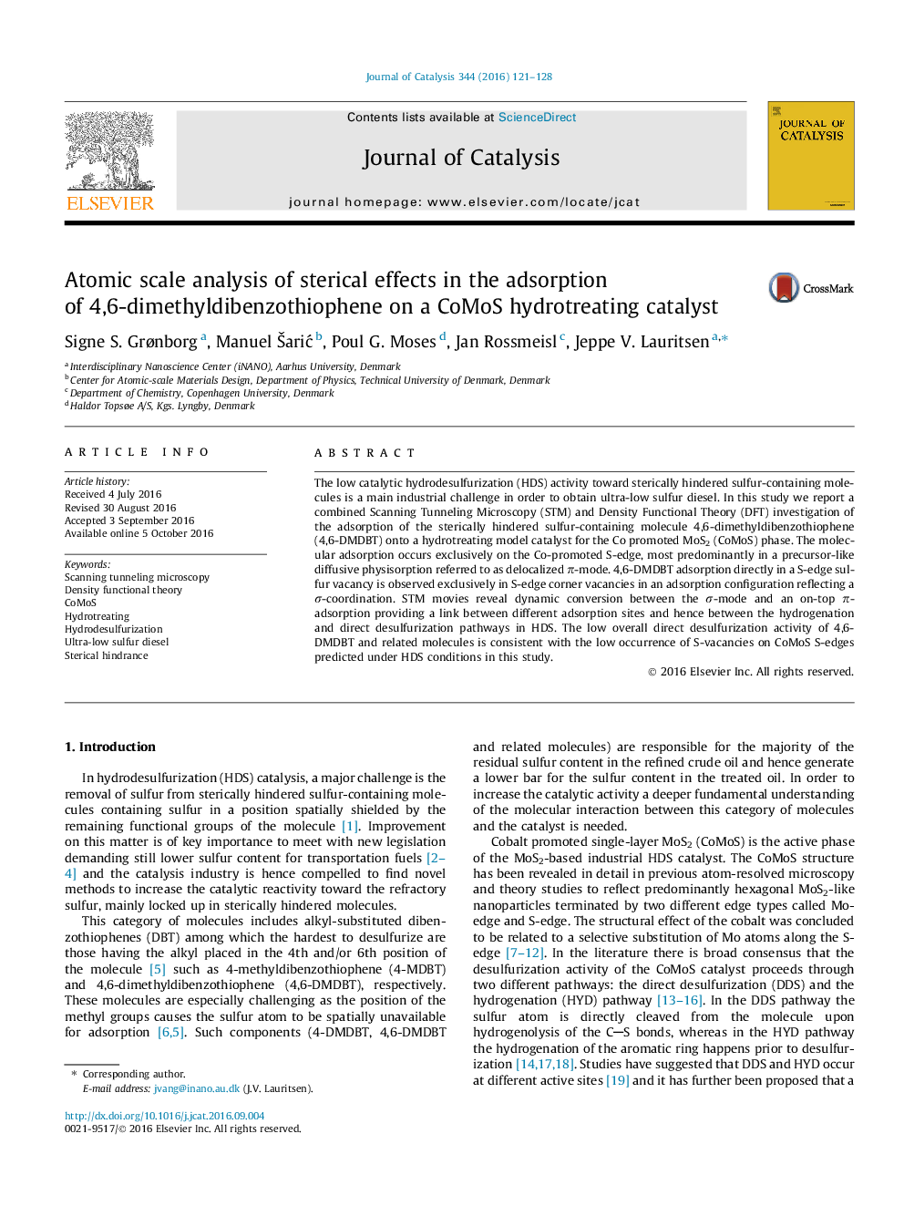 Atomic scale analysis of sterical effects in the adsorption of 4,6-dimethyldibenzothiophene on a CoMoS hydrotreating catalyst