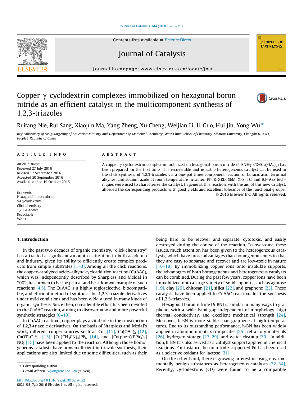 Copper-Î³-cyclodextrin complexes immobilized on hexagonal boron nitride as an efficient catalyst in the multicomponent synthesis of 1,2,3-triazoles