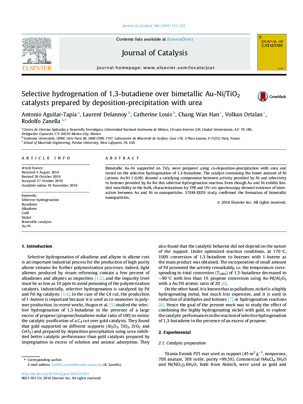 Selective hydrogenation of 1,3-butadiene over bimetallic Au-Ni/TiO2 catalysts prepared by deposition-precipitation with urea
