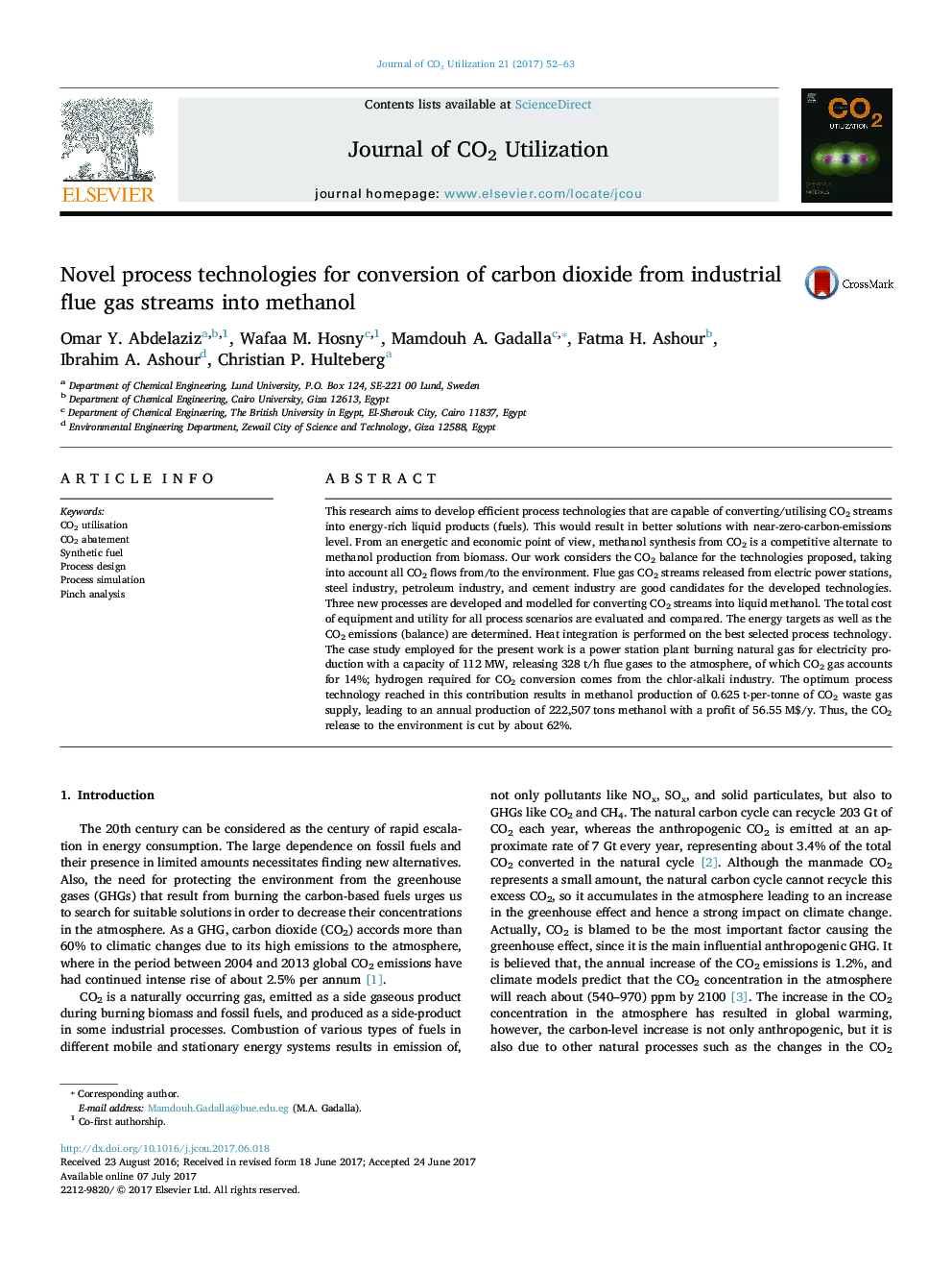 Novel process technologies for conversion of carbon dioxide from industrial flue gas streams into methanol