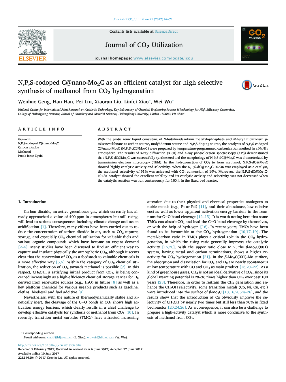 N,P,S-codoped C@nano-Mo2C as an efficient catalyst for high selective synthesis of methanol from CO2 hydrogenation