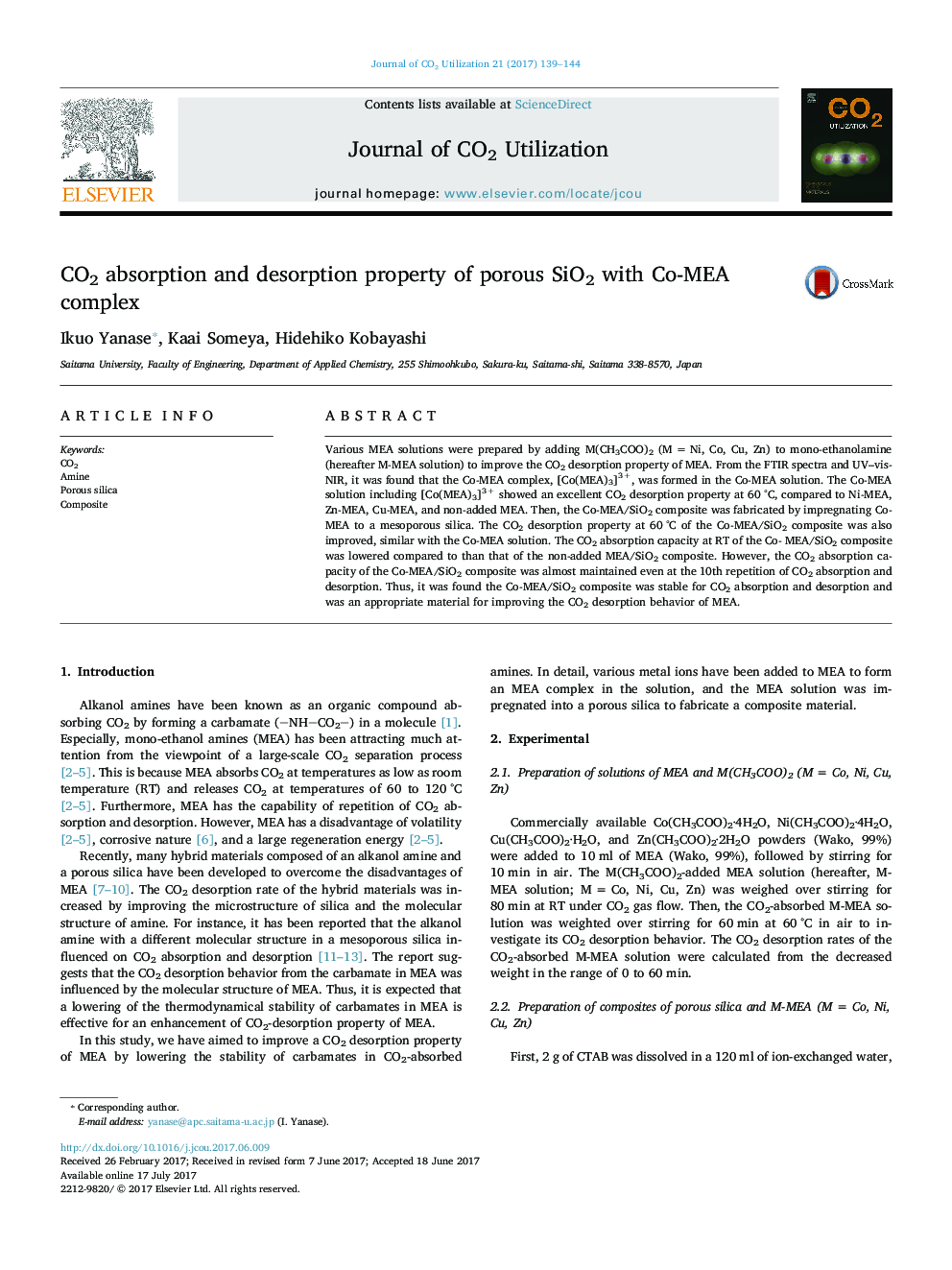 CO2 absorption and desorption property of porous SiO2 with Co-MEA complex