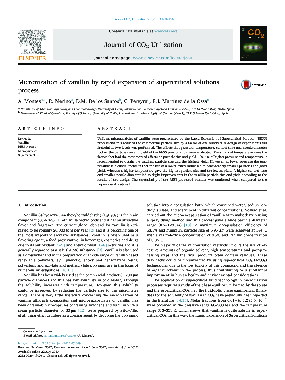 Micronization of vanillin by rapid expansion of supercritical solutions process