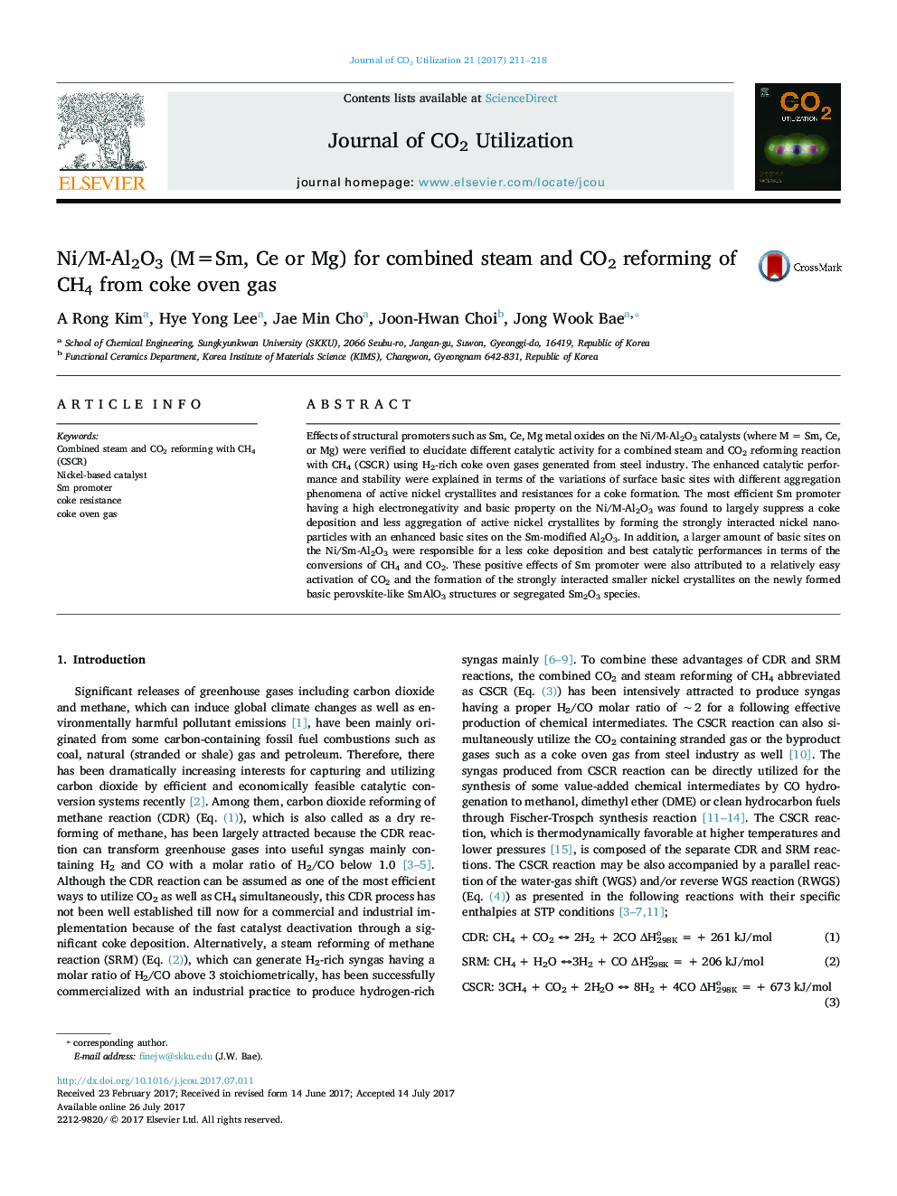 Ni/M-Al2O3 (M=Sm, Ce or Mg) for combined steam and CO2 reforming of CH4 from coke oven gas