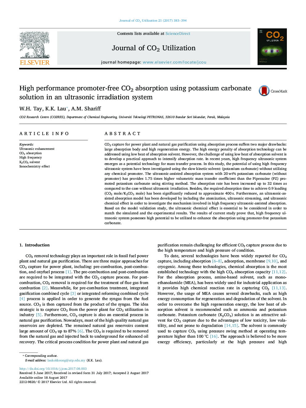 High performance promoter-free CO2 absorption using potassium carbonate solution in an ultrasonic irradiation system