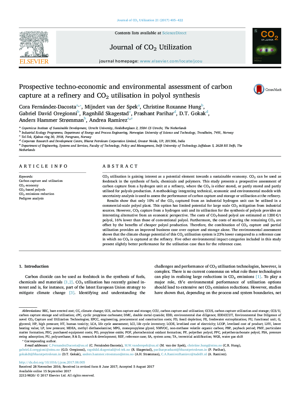 Prospective techno-economic and environmental assessment of carbon capture at a refinery and CO2 utilisation in polyol synthesis