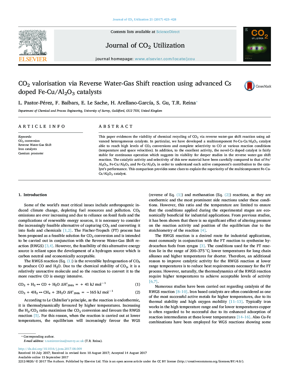 CO2 valorisation via Reverse Water-Gas Shift reaction using advanced Cs doped Fe-Cu/Al2O3 catalysts