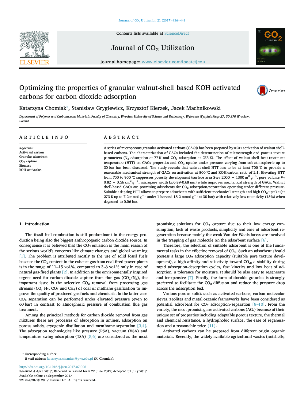 Optimizing the properties of granular walnut-shell based KOH activated carbons for carbon dioxide adsorption