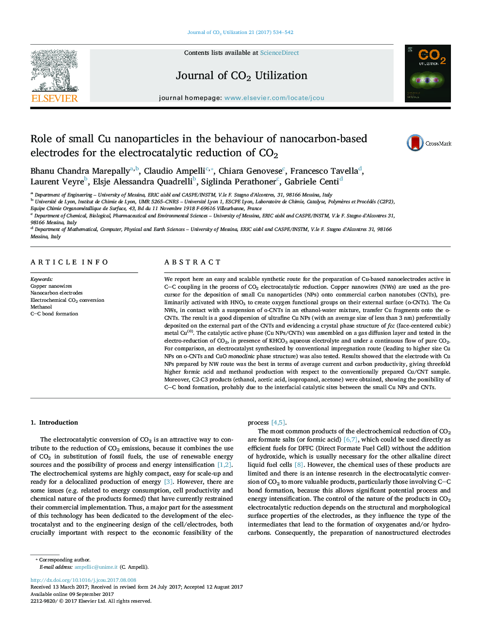 Role of small Cu nanoparticles in the behaviour of nanocarbon-based electrodes for the electrocatalytic reduction of CO2