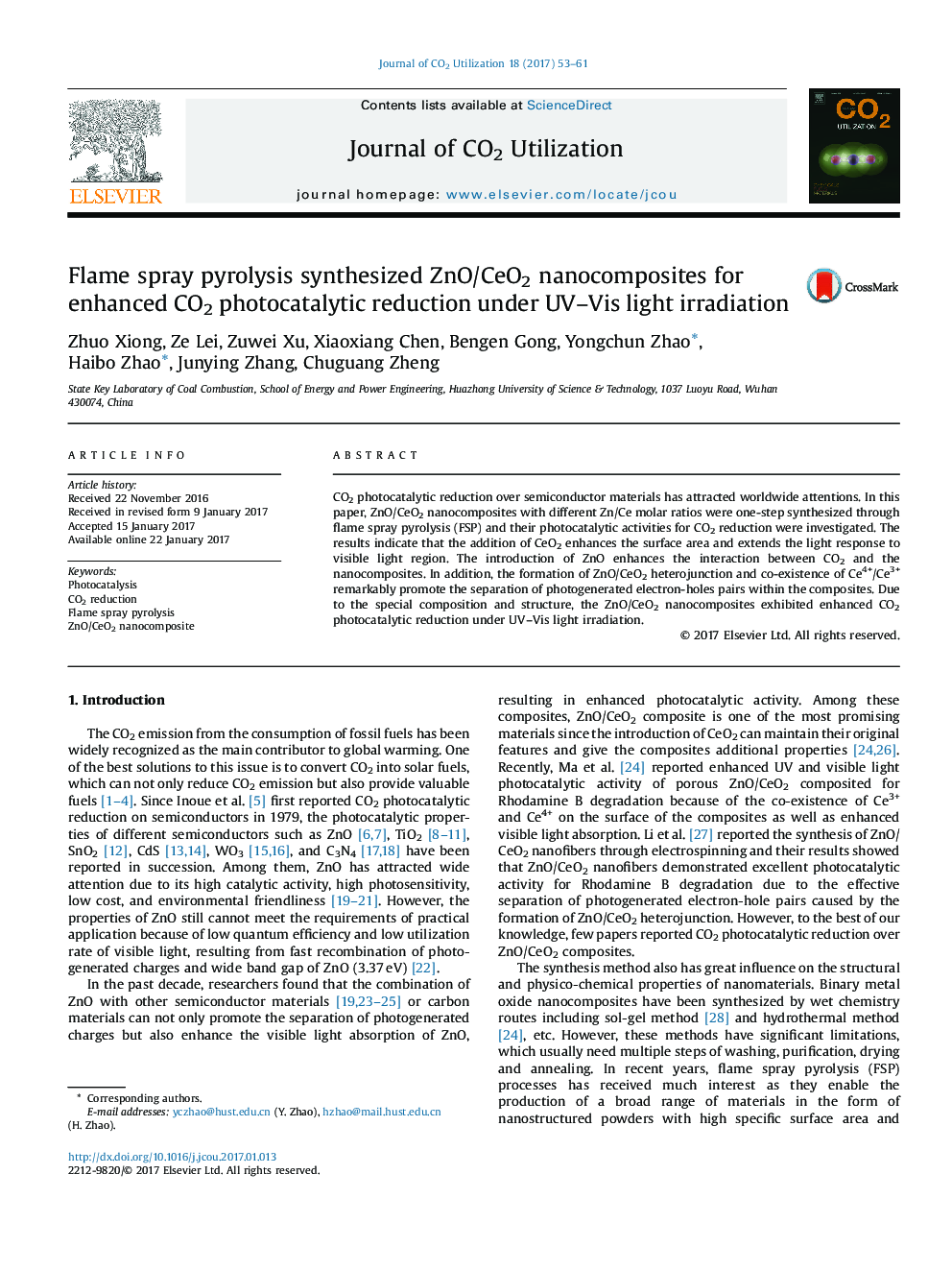 Flame spray pyrolysis synthesized ZnO/CeO2 nanocomposites for enhanced CO2 photocatalytic reduction under UV-Vis light irradiation